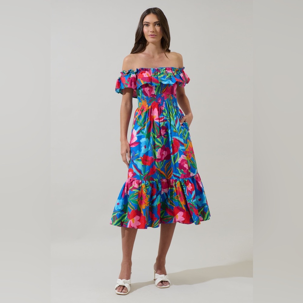 NWT Sugarlips Naima Floral Off The Shoulder Smocked Midi Dress